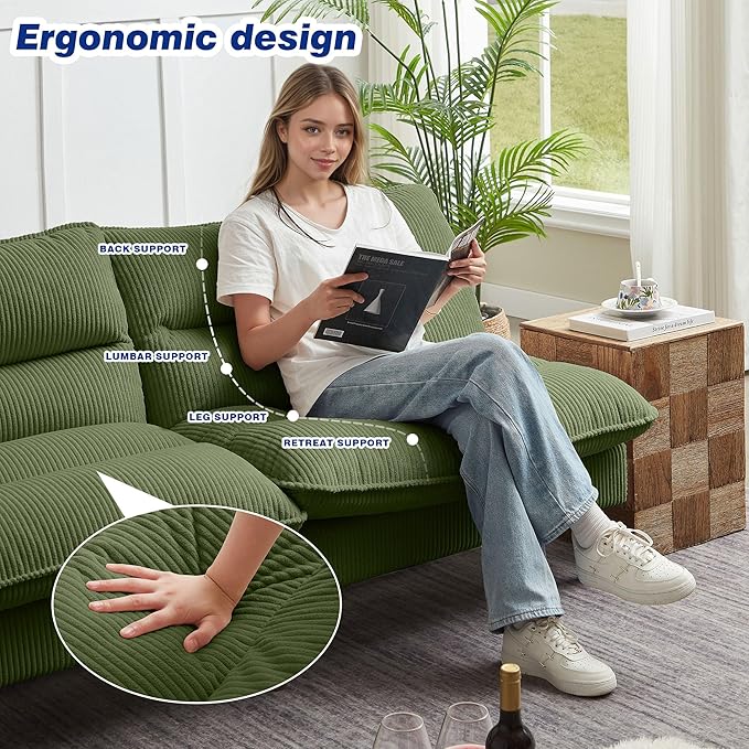 72 Futon Sofa Bed Convertible Futon Couch with Adjustable Backrest Modern Corduroy Sleeper Sofa for Small Spaces Living Room Office Green