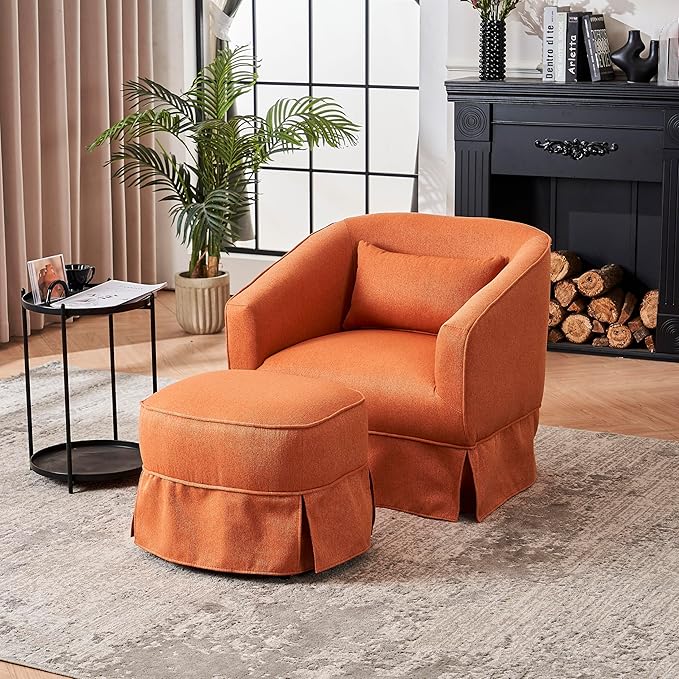 Swivel Barrel Chair with Ottoman Comfy Round Accent Sofa Chair for Living Room 360 Degree Swivel Accent Chair Armchair Leisure Reading Chair for Bedroom Hotel Office Lounge (Orange)