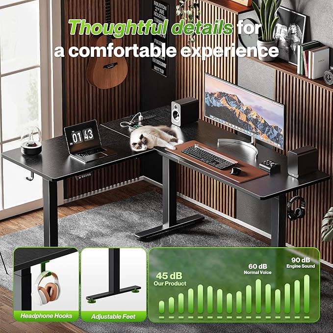 Huuger L Shaped Standing Desk with Power Outlets 63 x 55 Inch Height Adjustable Computer Desk for Bedroom Corner Stand up Desk for Home and Office Work and Study Black