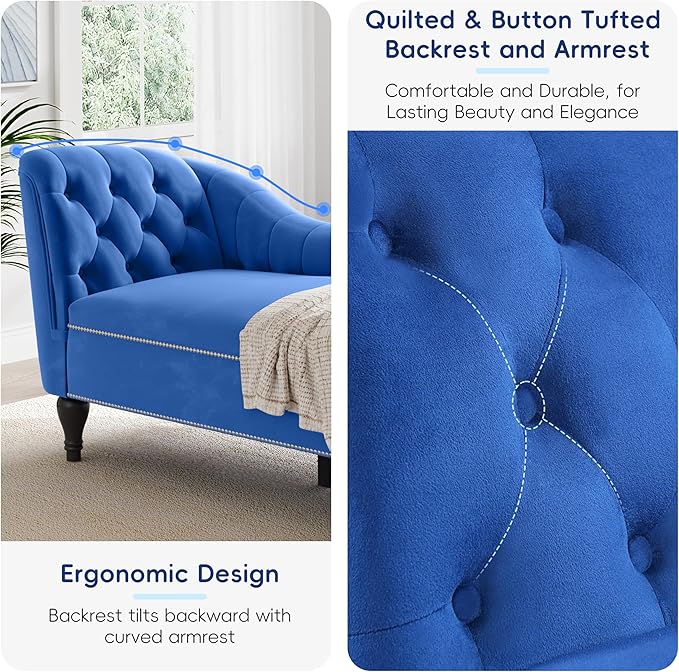 Velvet Upholstered Sofa Chaise Loungers 58 Chaise Lounge with Nailhead Trim and Solid Wood Legs Button Tufted Right Arm Facing Lounge Chair for Living Room Sleeper Lounge Sofa