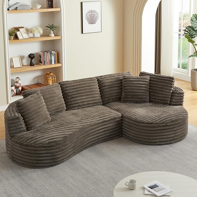 Modern Curved Boneless Sectional Sofa Oversized Minimalist L-Shape Corduroy Sponge Sofa with Round Chaise Comfy Sleeper Couch for Living Room Apartment Reception Spaces 4 Seat Brown Right Chaise