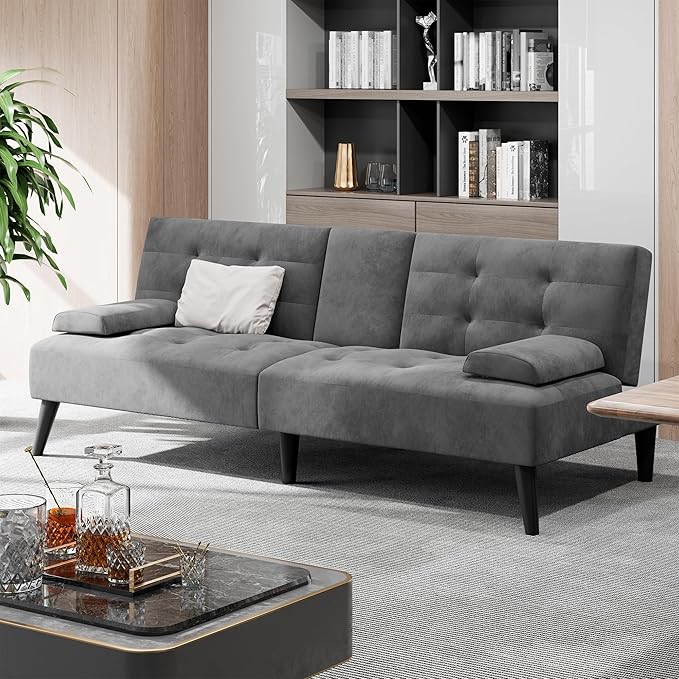 Shintenchi Futon Sofa Bed Velvet Foldable Couch Reclining Sleeper with Removable Armrests Upholstered Loveseat Sofa Couch with Folding Cup Holders for Home Office Dark Gray