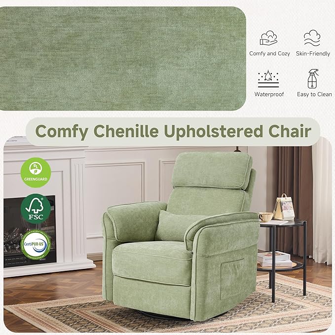 MELLCOM Power Recliner Rocking Chair Nursery Gliders with Adjustable Armrests and Headrest Swivel Electric Glider Reclining Nursing Chair with USB Port and Storage Bags FSC Certified(Fabric Green)