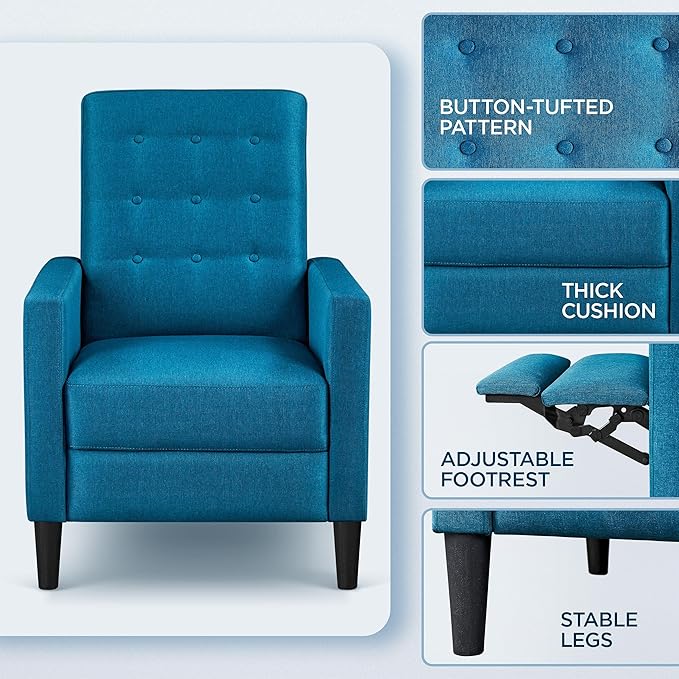 Topeakmart Mid-Century Modern Fabric Recliner Modern Tufted Reclining Single Sofa for Living Room Padded Cushion Home Theater Seat Blue