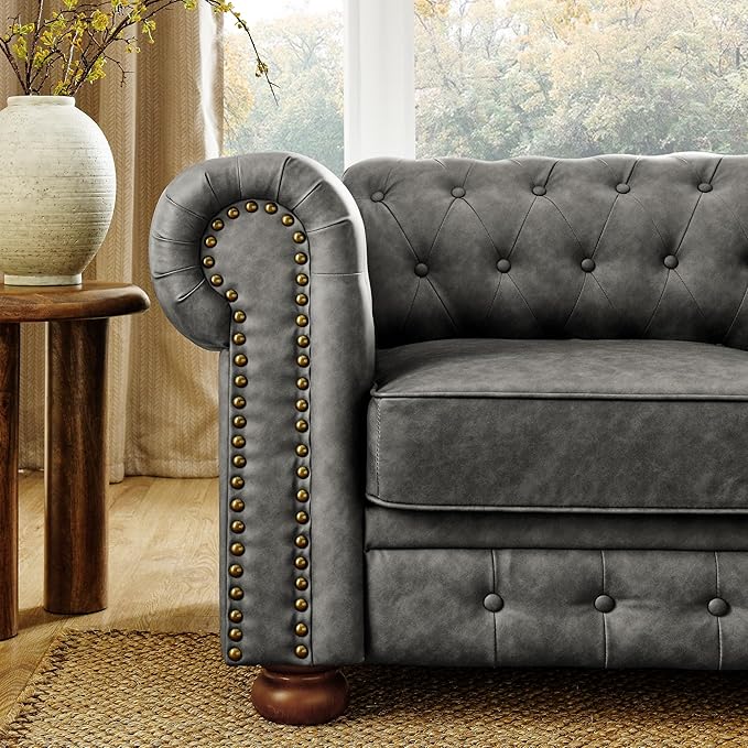 88.5 Upholstered Chesterfield Couch Modern 3 Seater Sofa with Tufted Back and Scrolled Arms Wood Leg Nailhead Sofa for Living Room Office Apartment Small Space Linen Upholstered Dark Gray