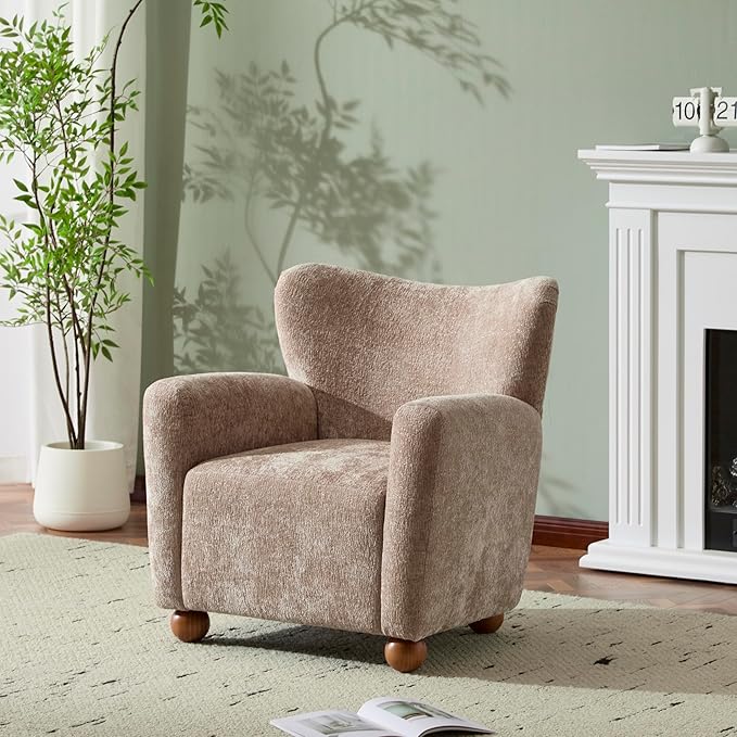 Christopher Knight Home Lindy Wingback Accent Chair Upholstered Armchair with Rounded Wooden Legs Curved Backrest Single Sofa Soft Cushion Seating Comfy Lounge Chair for Living Room Beige Brown