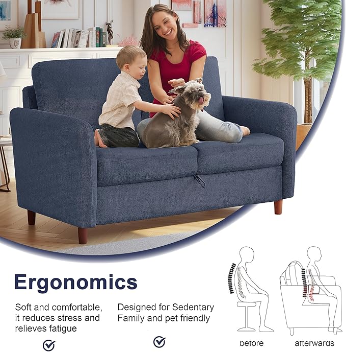 Loveseat Sofa Couch with Storage Small Couches for Small Spaces Comfy Love Seats for Living Room 2 Seater Sofa for Bedroom (Dark Blue 2-Seat)