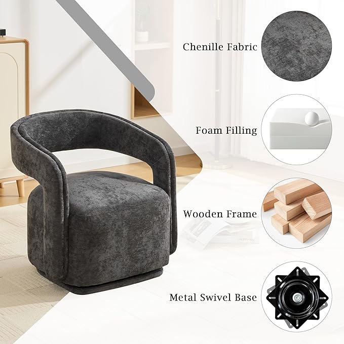 KEIKI Swivel Barrel Chair Modern Accent Chair for Office/Cafe 360° Rotation Ergonomic Design Easy Assembly Comfy Chenille Fabric