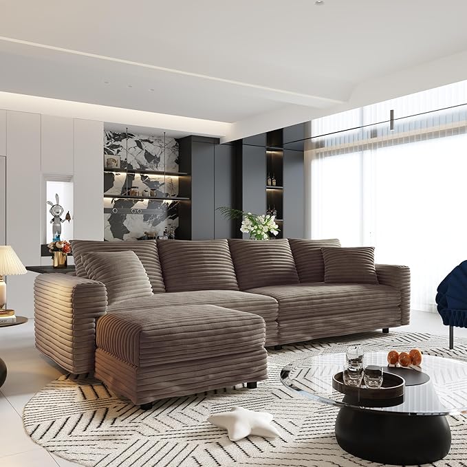 Ball &amp Cast 102.4 Plush Corduroy 4 Seater Sofa with Movable OttomanDeep Seat L Shaped Cloud Couches with Soft PillowsComfy Convertible Sectional Couch Lounge Chair for Living RoomOfficeCamel