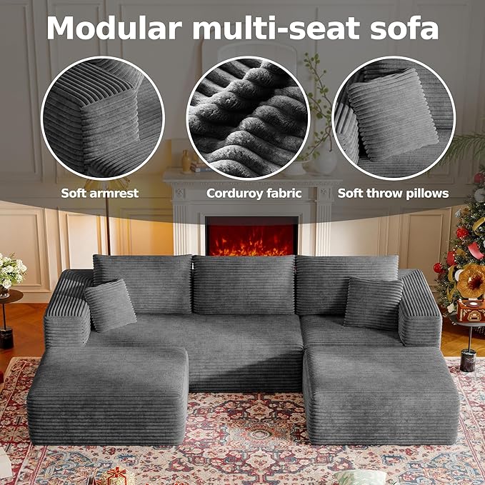 CHORRO107''Sectional Cloud Couch for LivingroomModular Corduroy Boneless Couch U-Shaped Sofa with Chaise and Pillows4-Deep Seat Sectional Sofa with 2 OttomanNo Assembly(Grey)