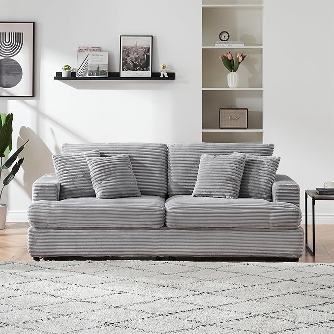 Modern Cloud Couch 3-Seater with 4 Matching Toss Pillows 88.58 Soft Corduroy Sofa with Deep Seat for Small Spaces Living Room Apartment(Grey)