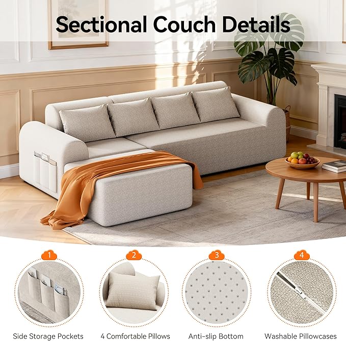 105.5 Cloud Boneless Sectional Sofa with Ottoman &amp 4 Pillows L-Shaped 4-Seater Modular Couch for Living Room Ultra Deep Seat Chenille Fabric Sofa No Assembly Required Beige
