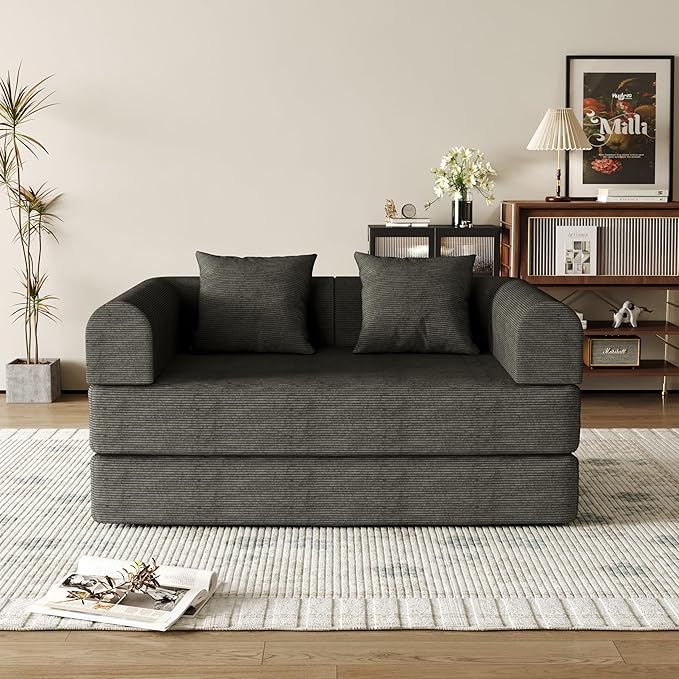 53.15'' Convertible Compressed Corduroy Folding Cloud Sofa Bed Modern Boneless Pull Out Loveseat Sleeper in a Box 4 in 1 Floor Mattress Futon Cloud Couch No Assembly Needed Grey 2 Pillows Full