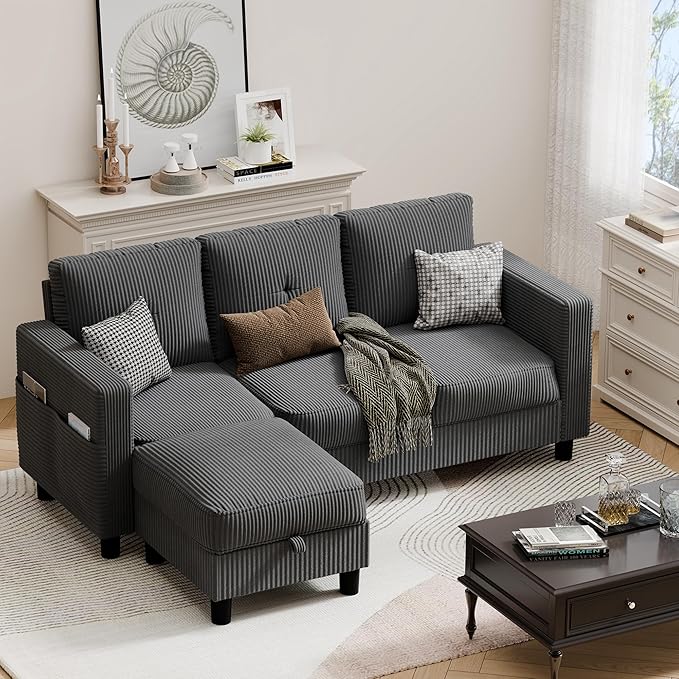 JAMFLY Convertible Sectional Couches for Living Room L-Shaped Couch 3 Seat Sectional Sofa Set with Corduroy Fabric and Movable Ottoman Small Couch for Apartments Office（Dark Grey）