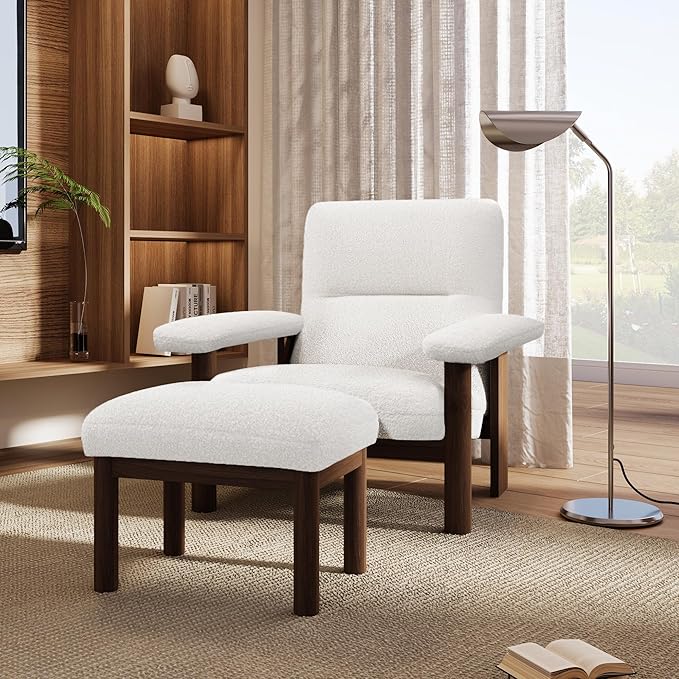 Modern Accent Chair with Ottoman Mid Century Lounge Chair with footrest Comfy Fabric Armchair Upholstered Set with Solid Wood e for Living Room