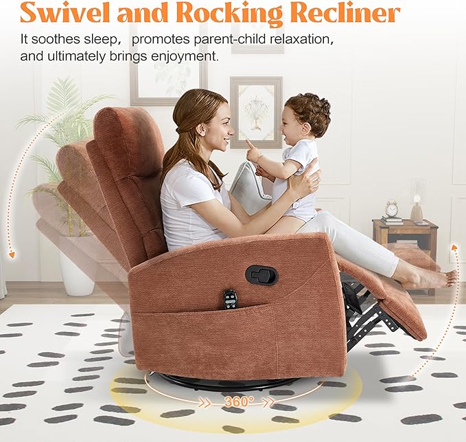 Luxlen Manual Swivel Rocker Recliner Chair with Massage Overstuffed Recliner Glider with Vibration Massage and Heat for Nursery Living Room Reclining Sofa Chair Fabric Orange