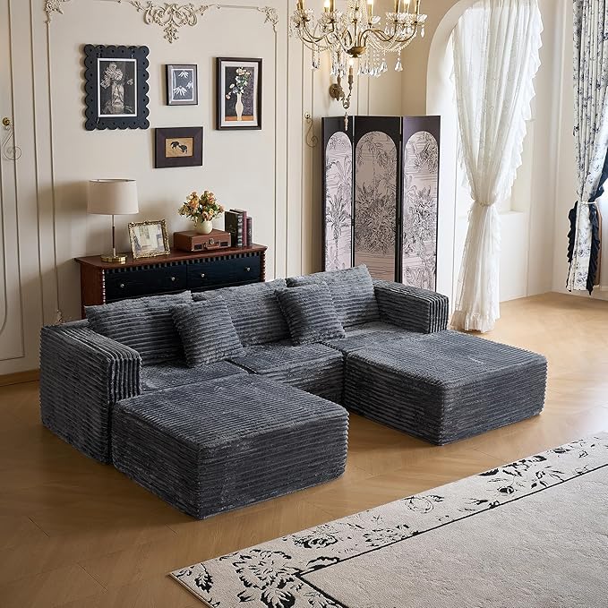 110 Modular Sectional Couch with 2 Movable Ottoman Cloud Sofa Couches for Living Room U Shaped Deep Seat Boneless SofaLuxury Corduroy Fabric No Assembly Required Grey