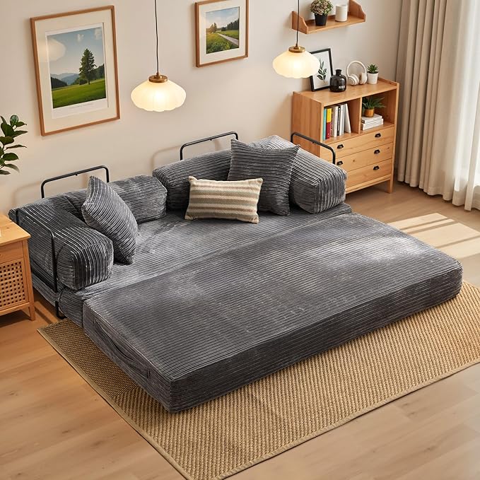 4-in-1 Folding Sofa Bed 78 Oversized Corduroy Sleeper Chair Convertible Loveseat to Floor Bed with Storage Pockets Boneless Design for Living Room Bedroom &amp Small Spaces