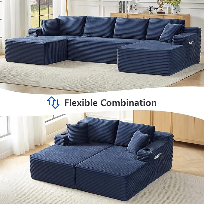 133.5 Modular Sectional Sofa with Movable Chaises Boneless Couches with Cup Holders for Living RoomOversized U Shaped Sectional Couch Modern Cloud Corner Sofa with Storage 6 Seater- Blue