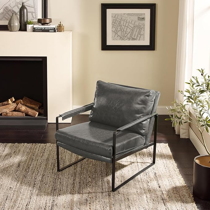 Volans Mid Century Modern Accent Chair with Arms for Living Room Faux Leather Accent Chairs for Lounge Metal Frame Armchair Reading Chair Single Sofa for Bedroom Office Gray