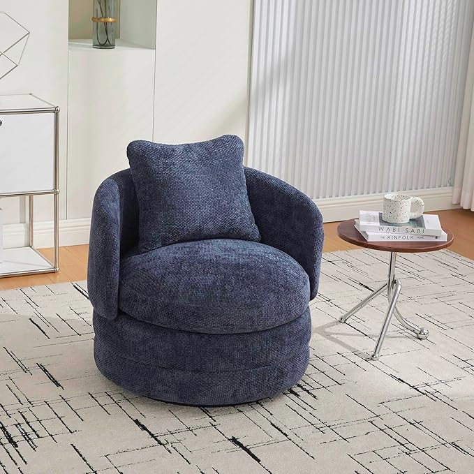 30 Modern Round Chenille Barrel Accent Chair 360° Swivel Ergonomic Comfy Upholstered with Pillow for Living Room Bedroom Reading Room Balcony Lounge Navy