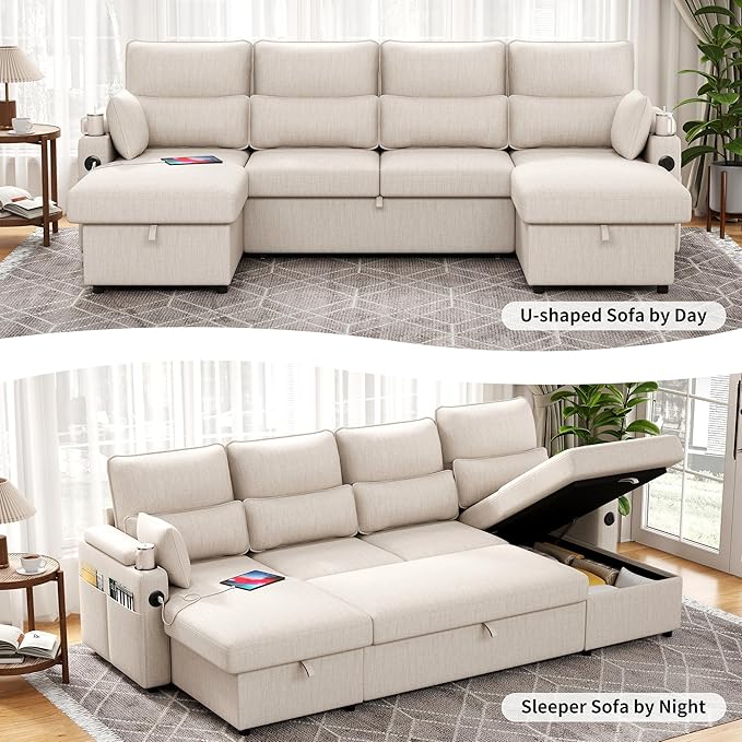 Sectional Sleeper Sofa with Pull Out Couch Bed with Storage Chaise for Living Room Comfy Linen Modular Sectional Sofa with Dual USB &amp Type-C Cup Holders (Beige 105 Inches)
