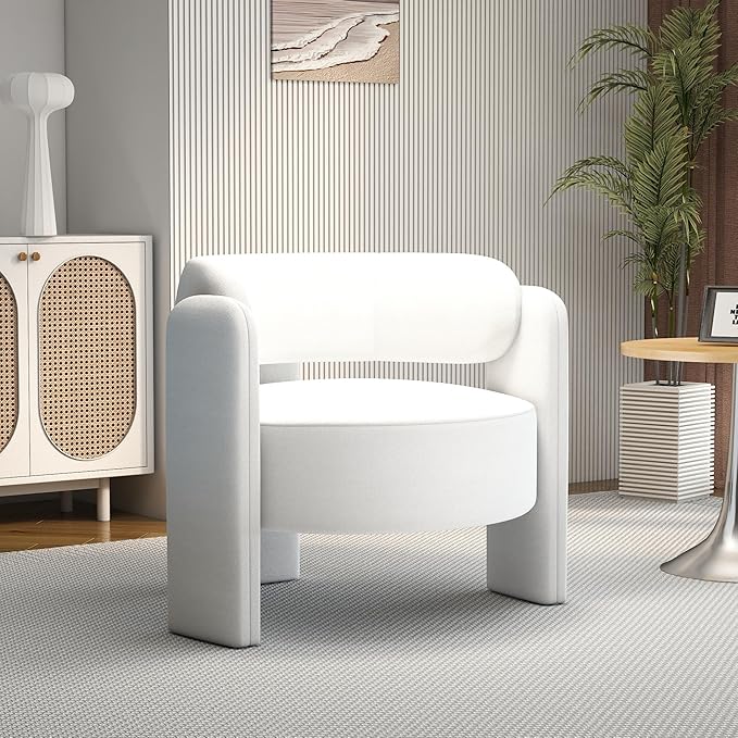 NOBPEINT Mid Century Modern Accent Barrel Chair Round Upholstered Leisure Armchair with Open Back for Living Room Bedroom Apartment White
