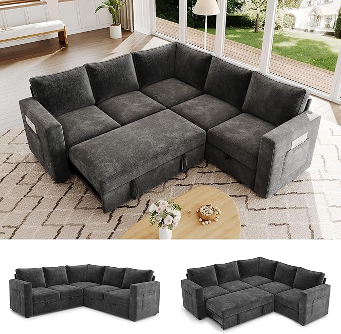 83.5 Sectional Sleeper Sofa with Pull Out Couch Modern 5 Seat L Shaped Modular Couch Sectionals Modular Sofa with Storage Comfy Sectional Couches for Living Room &amp Apartment Dark Gray