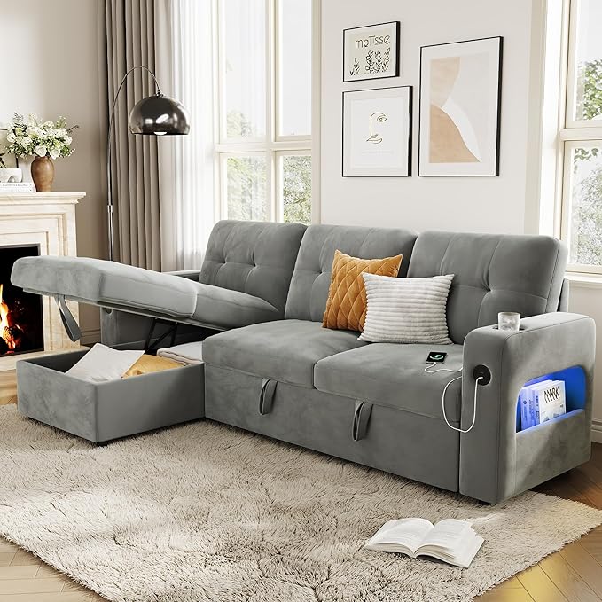 GarveeHome 84 Inch Sleeper Sofa Couch L-Shaped Sofa Convertible Pull Out Sofa Bed with Storage Charging Station Led Lights Modern Sectional Sofa for Living Room Apartment Velvet Light Grey
