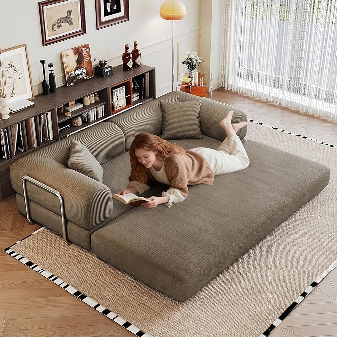 79 Convertible Sleeper Couch Bed Modern Corduroy Floor Sofa Bed with Silver Fixed-Shape Frame Modular Sofa with Pull Out Bed Loveseat Sleeper Boneless Couch for Living RoomCamel