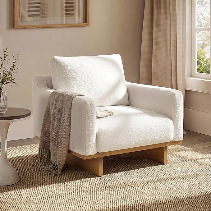 Christopher Knight Home Modern Minimalist Accent Chair with Solid Wood Frame Soft Cushions Spacious Seat Living Room Bedroom Reading Chair White