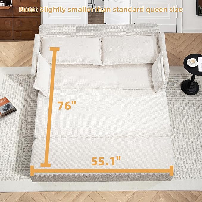 SUNWAVE 60 Pull Out Sofa Bed - Convertible Sleeper Sofa Bed Corduroy Pull Out Couch Bed with USB Charging Side Pockets for Living Room Bedroom Small Spaces (Cream 60)