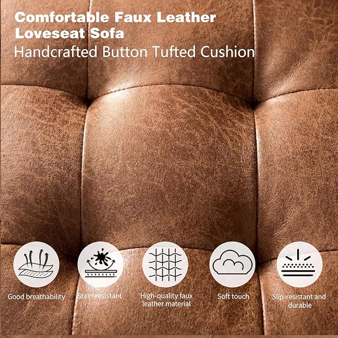 70 Mid-Century Modern Sofa Couch – Faux Leather Loveseat Sofa with Deep Seat &amp Solid Wood Frame – Includes 2 Accent Pillows – Brown Living Room Bedroom Office | Faux Leather Easy to Clean High