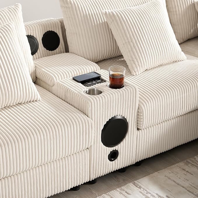 Sectional Sofa Corduroy Cloud Sofa with Bluetooth Speakers L-Shaped Couch with Console USB Charger Cup Holders Storage 6 Seats Deep and Wide Seat Couch for Living Room (Cream)