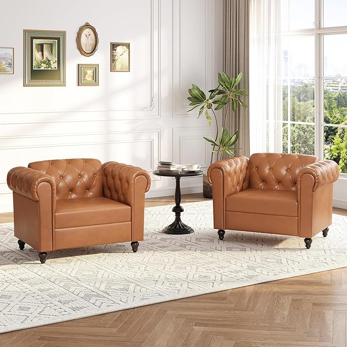 Brown Faux Leather Accent Chairs Button-Tufted Upholstered Club Chair Retro Armchairs Mid Century Modern Accent Chair with Solid Wood Legs Cozy Chesterfield Couch Chairs for Living Room Bedroom