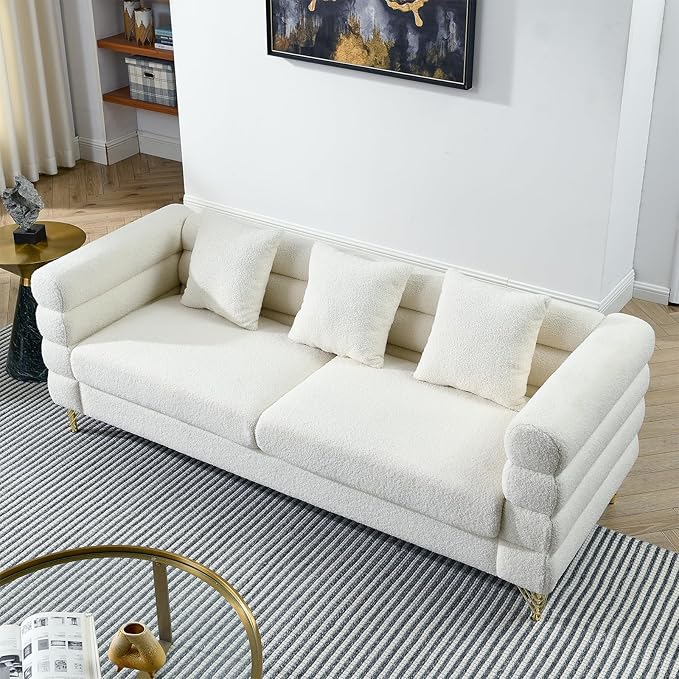 Loveseat Modern Sofa 81 Teddy Boucle Comfy Cloud Couch Upholstered Deep 3 Seater Sherpa Couch Set with Stylish Metal Legs for Living Room Home Office Bedroom Apartment White