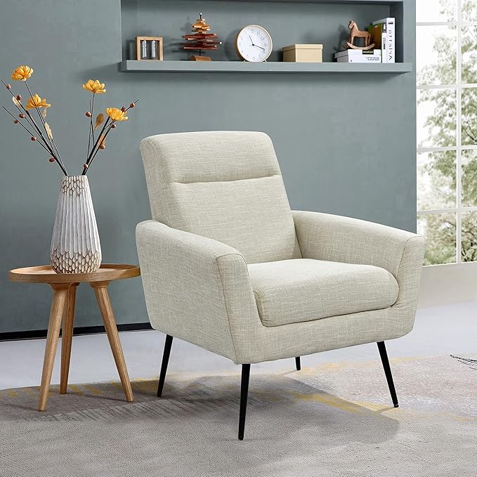 Mid Century Modern Upholstered Fabric Accent Chair Living Room Bedroom Leisure Single Sofa Chair (with Metal Legs) TV armrest seat Suitable for Small Space Home Office Coffee ChairBeige