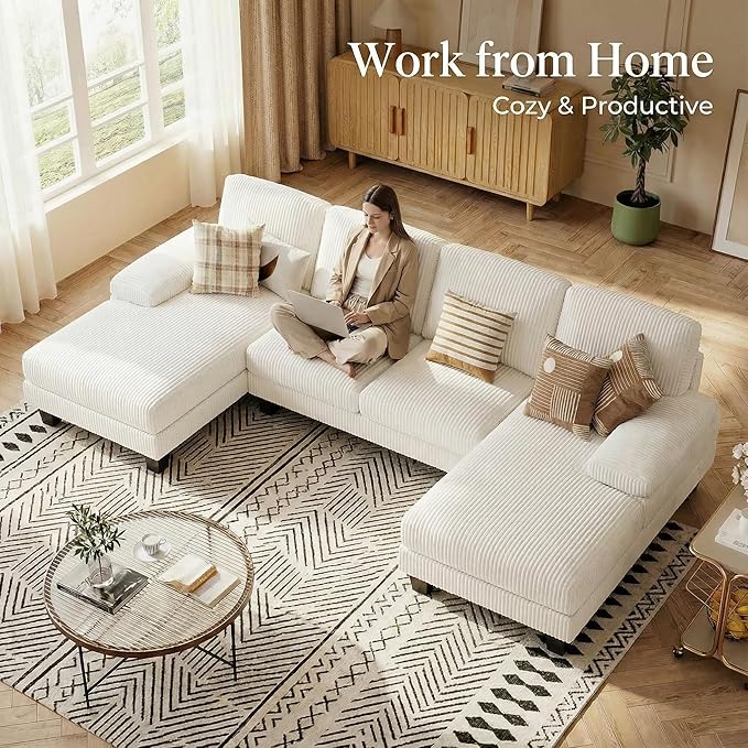 Homall Modular Sectional U Shaped Sofa Couches for Living Room Comfy Chenille 4 Seat Sofa Set with Removable Pillows Lounge Chaise Upholstered Couch for Apartment (Corduroy Beige)