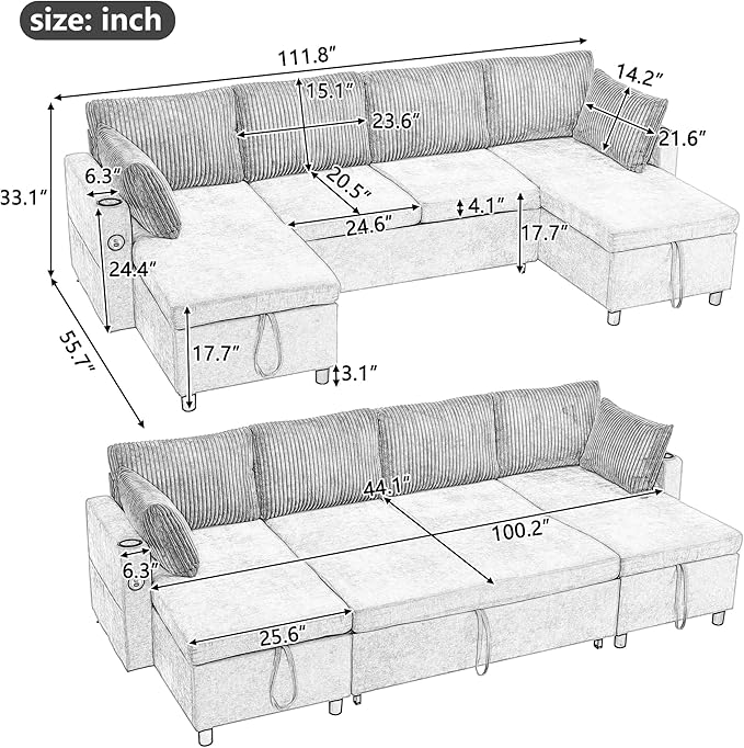 Merax Pull-Out Sofa Bed Sleeper Pull Out Sectional Couch with Storage USB Cup Holder for Living Room Apartment Gray