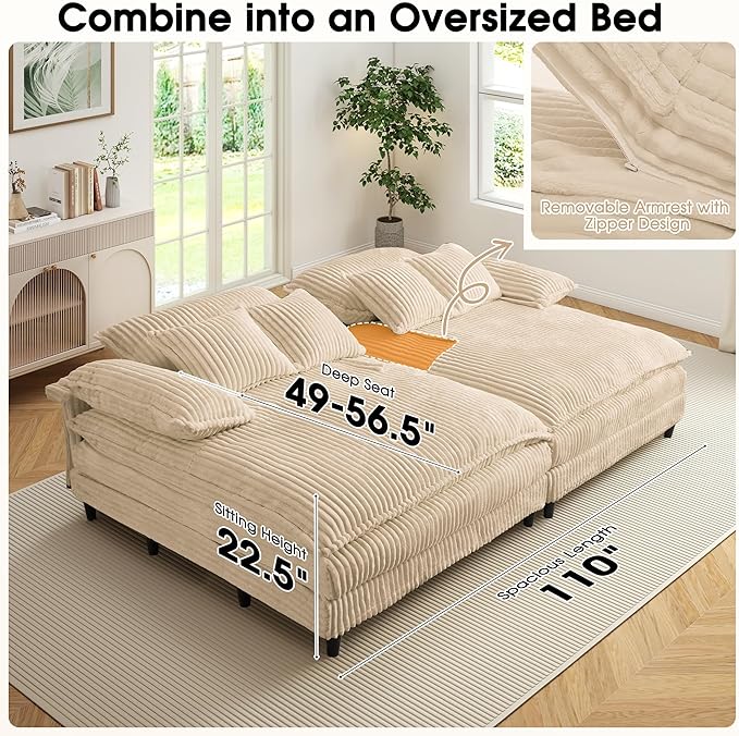 110 W Oversized Double Chaise Lounge Sofa Couch Corduroy Sleeper Sofa Bed with Adjustable Backrest Modern Upholstered Cloud Couch with Deep Seat &amp Pillows for Living Room Khaki