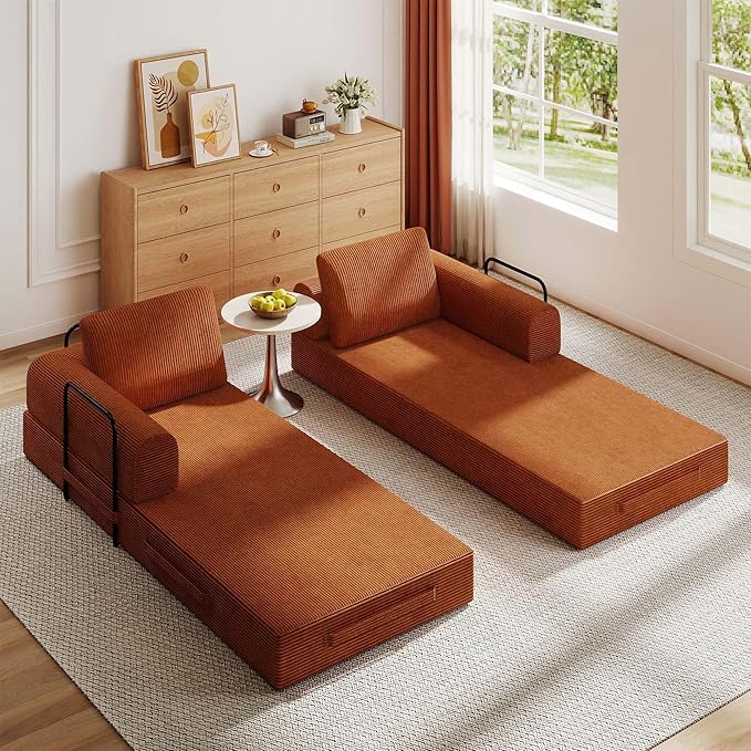 Convertible Sleeper Sofa Bed 3-Seat Corduroy Futon Couch with Cylindrical Pillow Foldable Mattress for Living Room &amp Bedroom 79 Inch Multi-Functional Sofa (Orange)