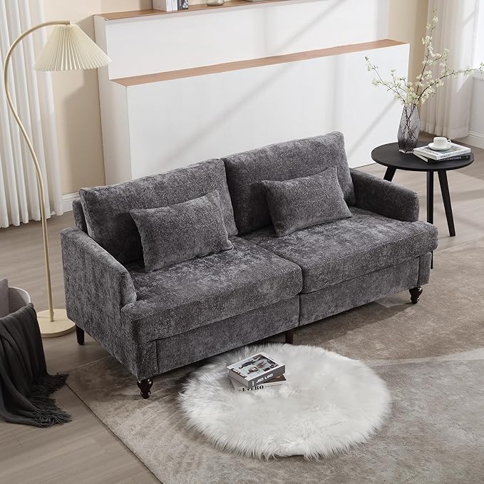 69” Modern Chenille Loveseat Sofa Couch Upholstered 2 Seat Love Seat Deep Seat Small Couch with 2 Pillows and Sturdy Wood Legs for Living Room Bedroom Apartment (Gray)