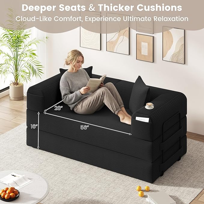 80 Convertible Sofa Bed 5 in 1 Modular Boneless Couch Sleeper Sofa Bed with Fixed Frame &amp Removable Backrest Pillow Washable Corduroy Futon Sofa Bed Couch in a Box for Small Spaces Dark Black