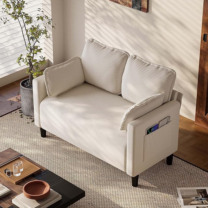 Beige Loveseats for Small Spaces 48 Inch Corduroy Couch with Side Pocket Modern 2 Seater Sofa Couch for Small Apartment Bedroom &amp Home Office High Rebound Sponge Easy Assembly (Beige 48”) |