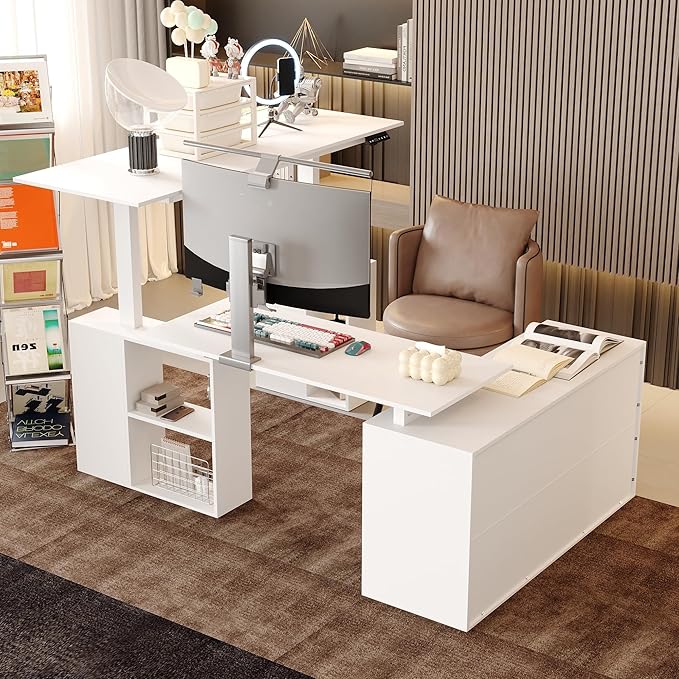 Homsee Electric Height Adjustable Standing Desk with Storage Cabinet U-Shape Computer Desk with Drawer &amp Open Shelves for Home Office Workstation Desk for Writing Study Executive White