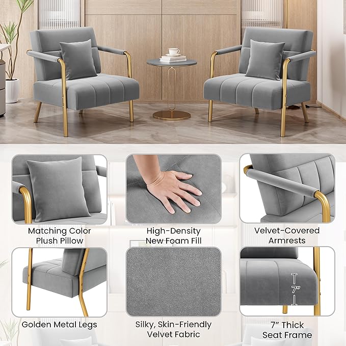 Yaheetech 30 W Accent Chair Velvet Oversized Armchair Living Room Chair with Golden Frame &amp Cozy Pillow for Living Room Bedroom Office Light Gray