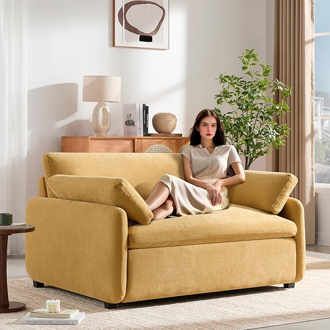 50 * 43” Oversized Modern Accent Chair Ultra Wide and Deep Seat Single Sofa Chair Chenille Soft Comfy Armchair with Two Throw Pillows for Living Room Apartment Dorm Office (Yellow)