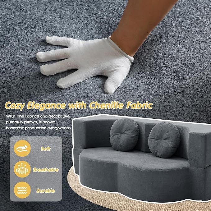Folding Futon Sofa Bed Modern Convertible Fold Out Chenille Cloud Memory Foam Boneless Floor Lounge Loveseat Sleeper Mattress Sofa Couch with 2 Pillows for Guest Room Living Room Office Grey