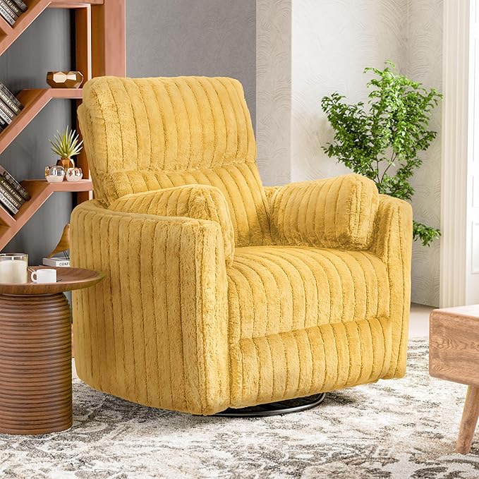 Furniture of America Vyrinor Modern Chenille Power 220° Swivel Recliner Chair with Pillows Reclining Glider Comfy Sofa Wooden Comfortable Couch for Living Room Nursery Home Theater Yellow
