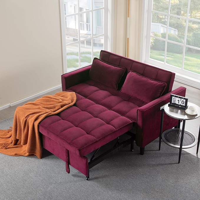 3 in 1 Convertible Sofa Bed Love Seat Sleeper Bed with Side Pockets Velvet Fabric Pull Out Couch with Adjustable Backrest for Living Room Bedroom Apartment Purplish-Red